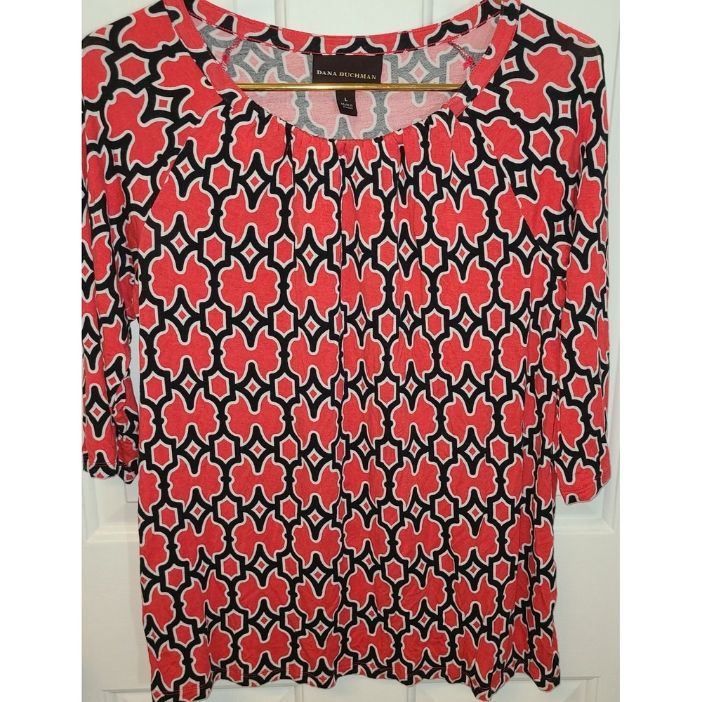 Dana Buchman Women's Stretch Knit Top L Pink Print 3/4 Sleeves Rayon Blend Loose